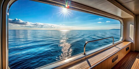 View from open yacht cabin window on calm ocean waters with clear blue sky, yacht, cabin, window, view, calm, ocean