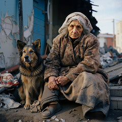 An old woman and her dog sit on the street in the city