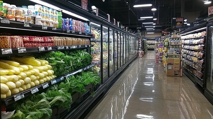 Grocery Store Aisles Displaying Fresh Produce and Snacks