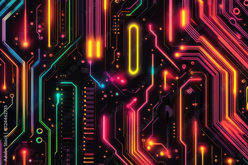 Leinwandbilder vibrant cyberpunk circuit board design with colorful neon lines and geometric patterns