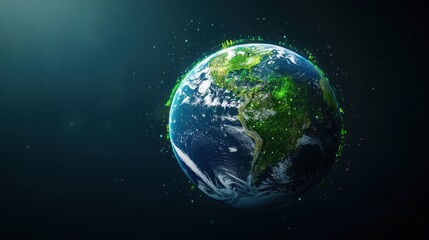 Obraz premium Stunning Earth Visualization with Vibrant Green Lights and Data Points on a Dark Background