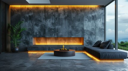 Modern minimalist living room with fireplace, large window, and ocean view.