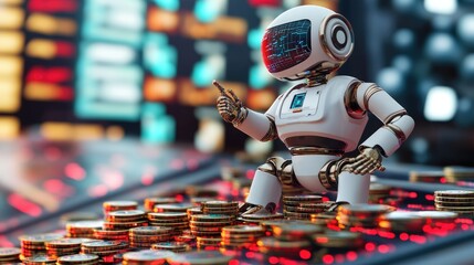 Robot Character with Coins in Futuristic Environment
