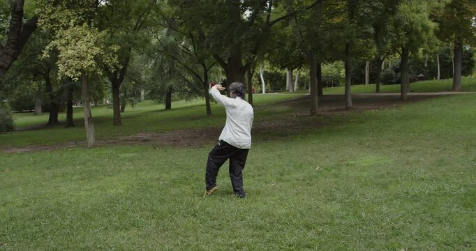 Slow Motion Shot of Middle-Aged Man Performing Chen Style Taijiquan Fan Routine in Retiro Park, Madrid with Refined and Explosive Moves, Wearing White Silk Taiji Shirt and Kill Bill Style Shoes