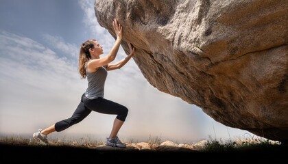 person pushing against a large rock or mountain, symbolizing effort, ambition, and big challenges