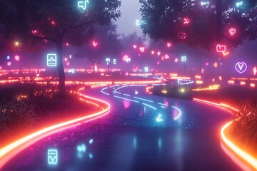 Futuristic Neon Infused Urban Park with Dynamic Fitness Trackers and Glowing Pathways