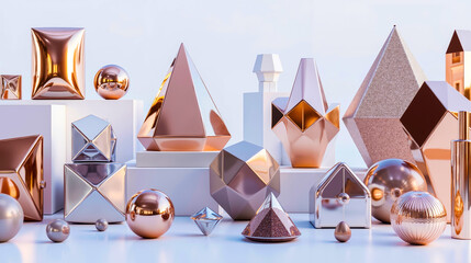A group of different types of metallic objects on a white surface