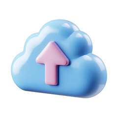 3D Cartoon-Style Cloud Icon with Upward Arrow for Digital Data Transfer and File Sharing Concept
