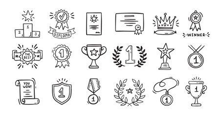 Awards doodle, trophy cups, first place medals and diploma set. Hand drawn champion trophy cup and gold medal. Drawing award decorative isolated icons. 