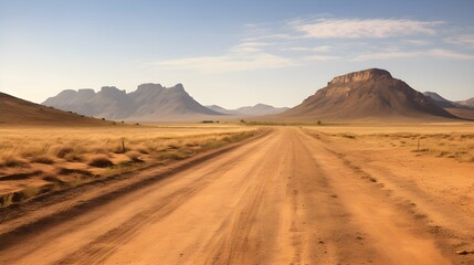 Naklejka premium A dusty and lonely road stretches across the desert landscape. without any traces of life