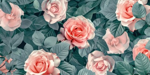 illustration pink rose and green leaves rustic vintage old antique pale color wallpaper