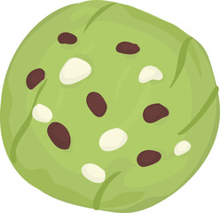 Illustration of a green matcha cookie dotted with dark and white chocolate chips.