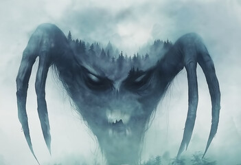 A monster from nightmares, a collective image of a terrible ghost from the delirium of madmen, patients with paranoia and schizophrenia, concentrated horror and night fear