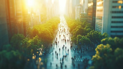 A sunlit street view in an urban setting with numerous people walking. The greenery along the road emphasizes a connection to nature.