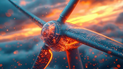 A digital depiction of a wind turbine amidst a vibrant sunset sky, showcasing innovative technology and renewable energy concepts.