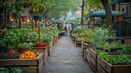A vibrant urban community garden filled with lush greenery and colorful flowers, showcasing various plants and vegetables. Friends gather in a peaceful setting.