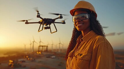 An African woman in a hard hat and goggles smiles as a drone flies overhead near wind turbines at sunset, highlighting her role in renewable energy.
