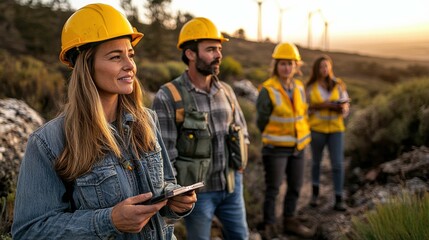 A diverse group of workers in safety helmets at a renewable energy site, focused on environmental conservation and eco-friendly initiatives.