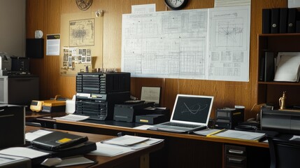 Vintage Office Workspace with Blueprints and Documents