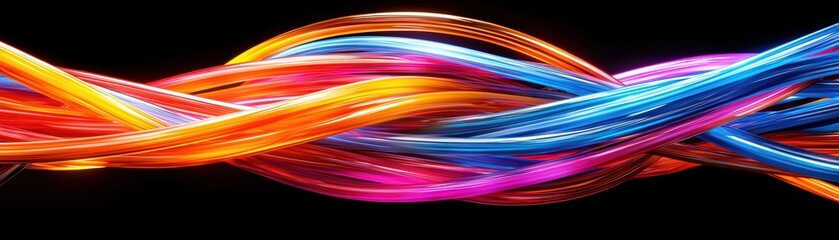 Colorful Wavy Light Trails on Black Background for Dynamic Designs