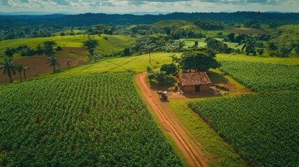 Naklejka premium Aerial view of rural landscape with farmhouse, fields, and dirt road.