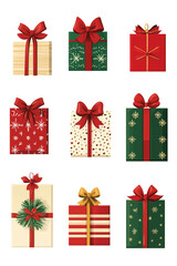 Christmas gift icon set with presents, gift tags, ribbons, and bows in cheerful holiday colors (PNG)