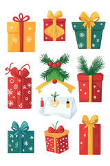 Christmas gift icon set with presents, gift tags, ribbons, and bows in cheerful holiday colors (PNG)