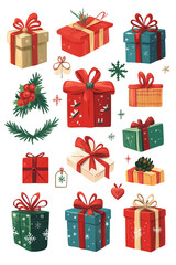 Christmas gift icon set with presents, gift tags, ribbons, and bows in cheerful holiday colors (PNG)