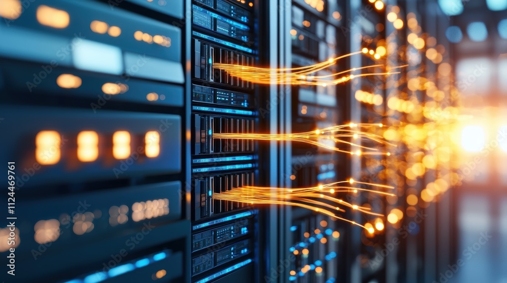 Poster data center with illuminated servers and flowing data streams