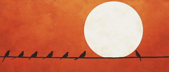 Sunset Silhouette of Birds on a Wire Against a Vibrant Orange Sky - Artistic Nature Illustration