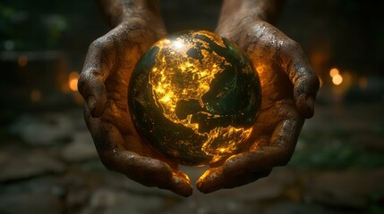 A pair of hands covered in dirt hold a glowing Earth, symbolizing a connection to nature and the environment. Themes of sustainability and conservation are evident.