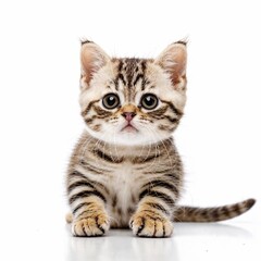 Tabby Scottish Fold kitten looking up isolated on white. Generated with AI.