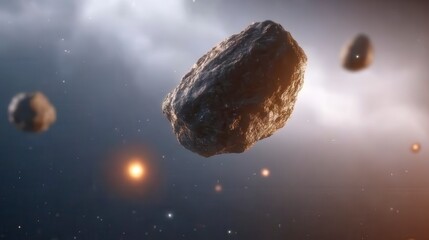 Naklejka premium Asteroid Field Space Rocks Cosmic Debris Nebula Background Celestial Bodies Starry Night 3D Render