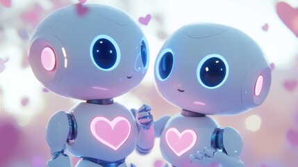 Obraz premium Two cute robots sharing a moment with hearts