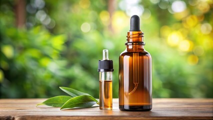 Essential oil dropper bottle with dropper and oil on side , aromatherapy, natural, wellness, beauty, organic