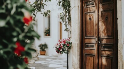 Charming Rustic Doorway with Floral Accents in a Quaint Village