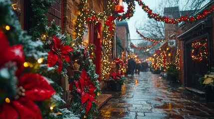 A street is decorated with red and green Christmas wreaths and lights