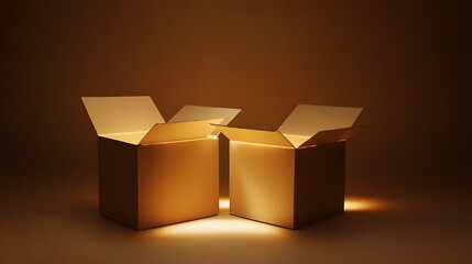 Two cardboard boxes are lit up by a light source