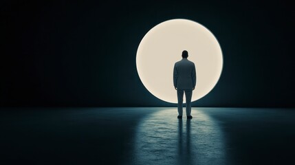 Man in Suit Facing Bright Circular Light Future Opportunity Success