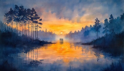 Fototapeta premium Disciples by the River at Dawn in Watercolor Landscape