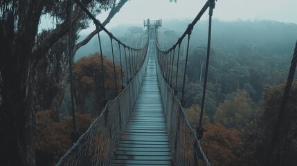 Obraz premium Misty Suspension Bridge Overlooking Lush Forest