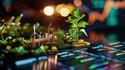 Green Energy Concept with Wind Turbines and Plant Growth Representation