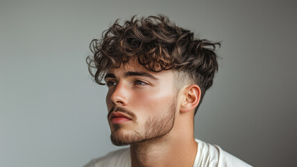 Fashionable low taper fade hairstyle combined with a well-groomed beard for men
