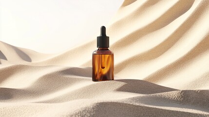 Naklejka premium Bottle of serum oil cosmetic product beach sand background. Abstract podium product presentation on a sandy background. 3D render.