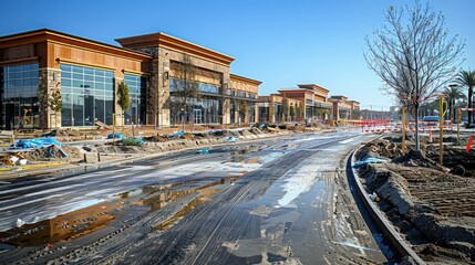 Obraz premium New shopping center under construction, showing unfinished roads and buildings.