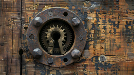 Fototapeta premium Steampunk Keyhole: A close-up of a rusty, intricately crafted keyhole, adorned with cogs and gears, set against a weathered wooden surface. This image evokes a sense of mystery and intrigue.