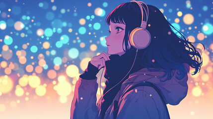 ヘッドフォンで音楽を聴くアニメ風の女の子　AI生成画像
