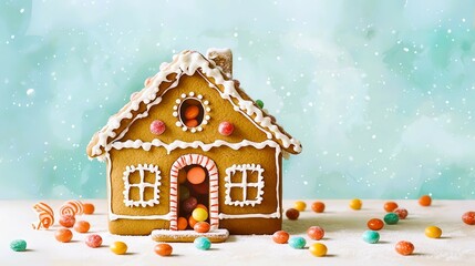 Vintage Watercolor Kids with Xmas-Theme, Vintage A delightful gingerbread house adorned with colorful candies, perfect for festive celebrations and holiday decorations.
