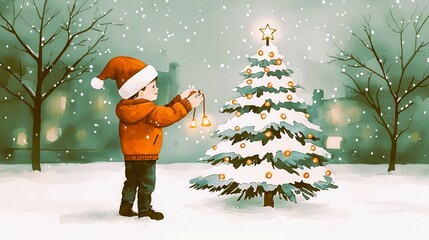 Vintage Watercolor Kids with Xmas-Theme, Vintage A joyful child in a red coat decorates a snowy Christmas tree, embodying the spirit of the holiday season in a winter wonderland.