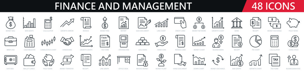 48 finance and management line icons set. Money, graph, calculator, tax, banking, business - stock vector